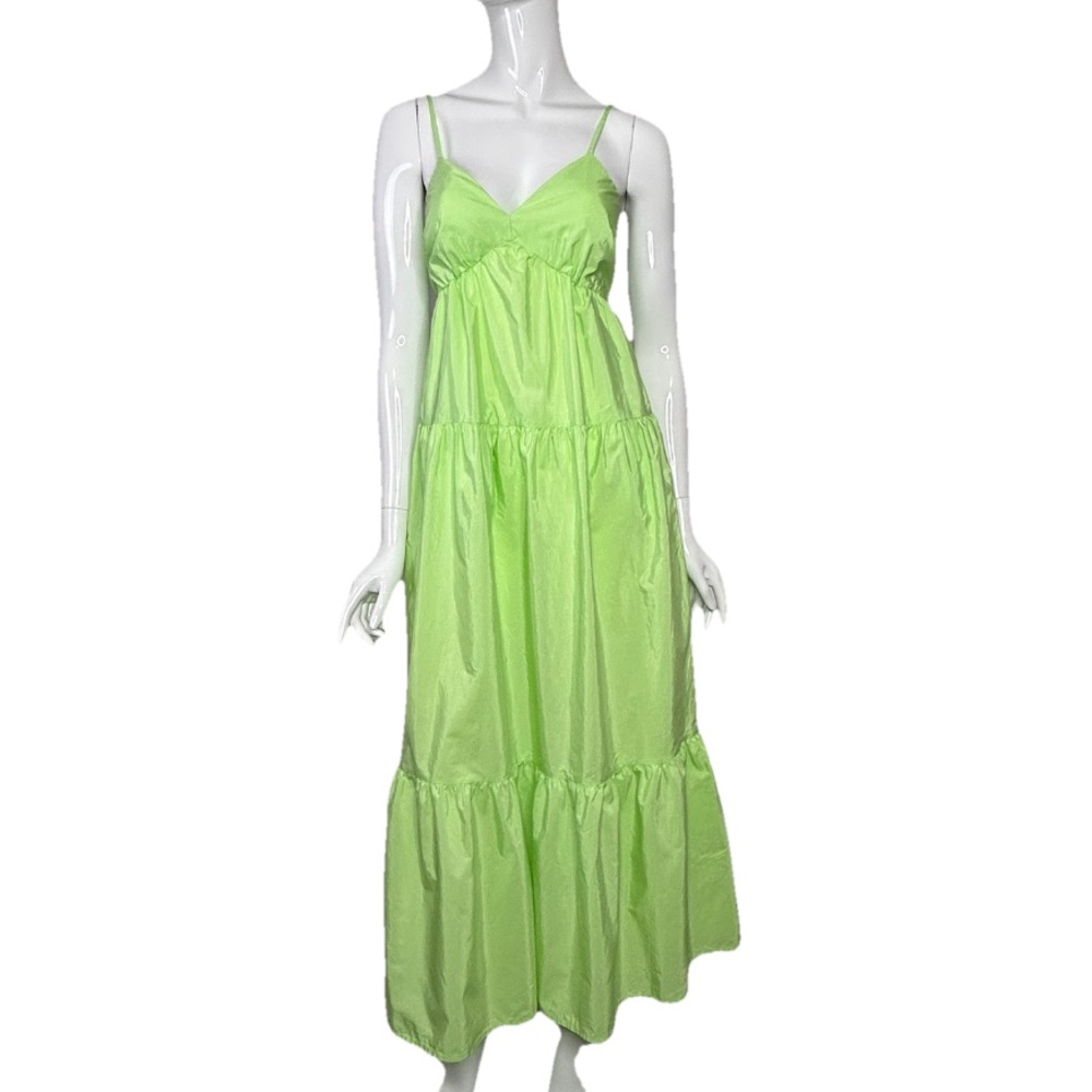 A New Day Bright Green Maxi Sundress XS Tiered Back Cutout Festival